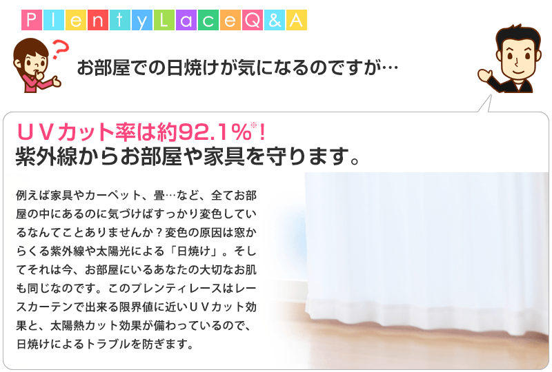 お部屋での日焼けがきになるのですが。こちらの疑問にお答えします。UVカット率は約92.1% 紫外線からお部屋や家具を守ります。たとえば家具やカーペット、畳など全てお部屋の中にあるのに気付けばすっかり変色していることがありませんか?変色の原因は窓からくる紫外線や太陽光による「日焼け」。そしてそれは今、お部屋にいるあなたの大切なお肌や髪も同じなのです。このプレンティレースはレースカーテンで出来る限界値に近いUVカット効果と、太陽熱カット効果が備わっているので、日焼けによるトラブルを防ぎます。