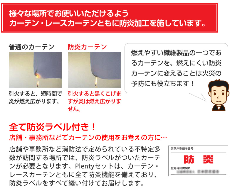 全て消防庁 日本防炎協会認定の防炎ラベルがついているから、店舗や事務所などでこちらのカーテンをご使用いただけます。