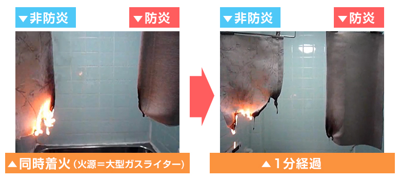 防炎カーテンのライター燃焼実験画像