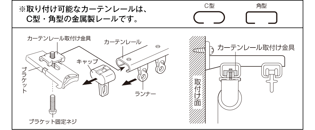 取り付け可能なカーテンレールは、C型・角型の金属レールです。