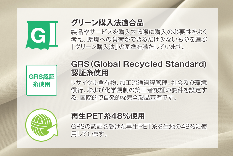 グリーン購入法適合商品、GRS、再生PET糸48%使用
