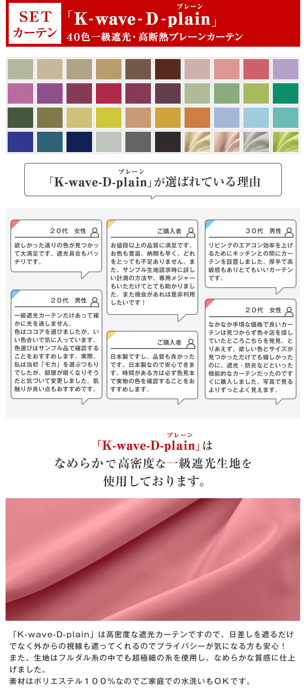 カーテンくれない 節電対策に「K-wave-D-plain」 日本製 防炎 ラベル付