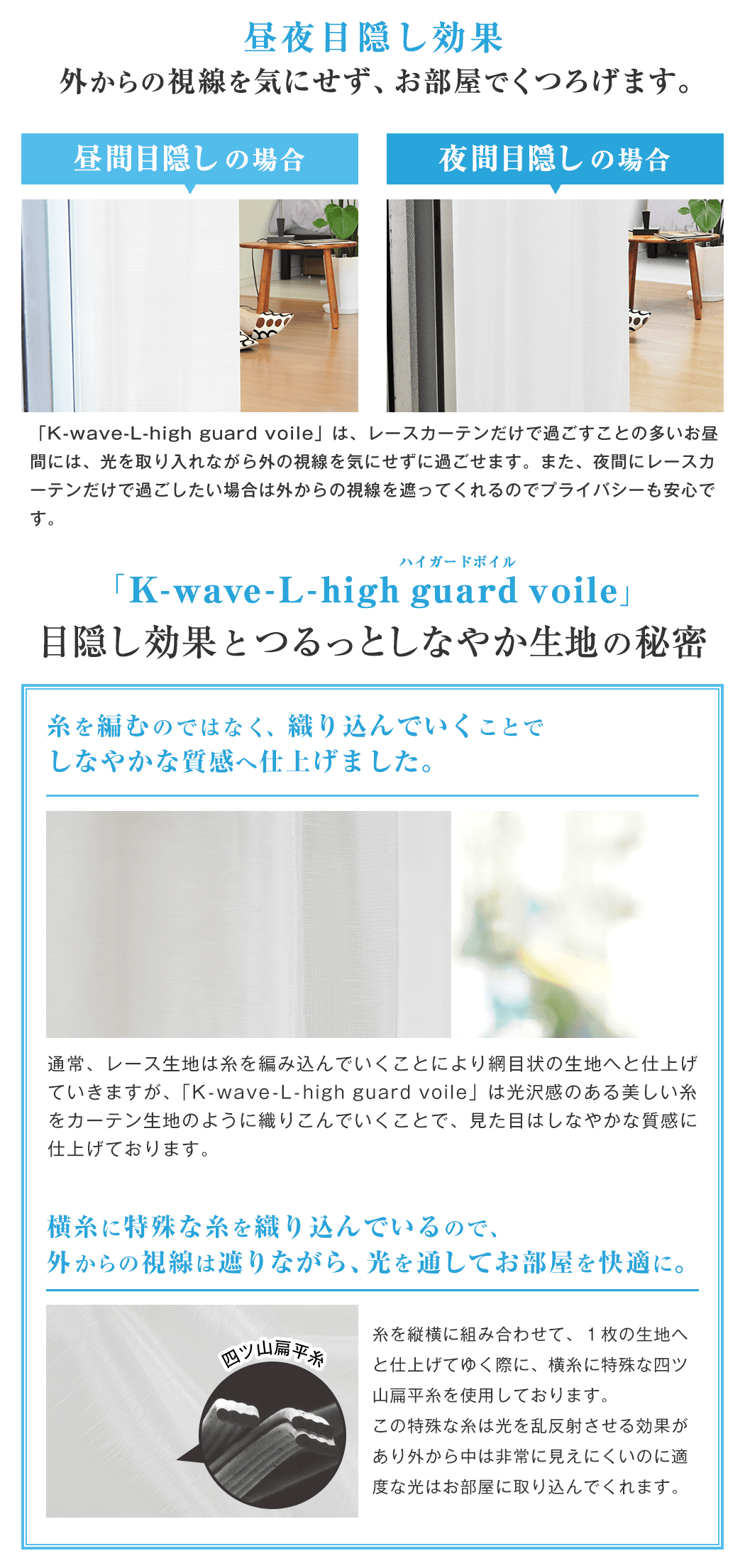 SETレースカーテン 「K-wave-L-high guard voile」つるっとしなやかで目隠し効果に優れたボイルレースカーテン
